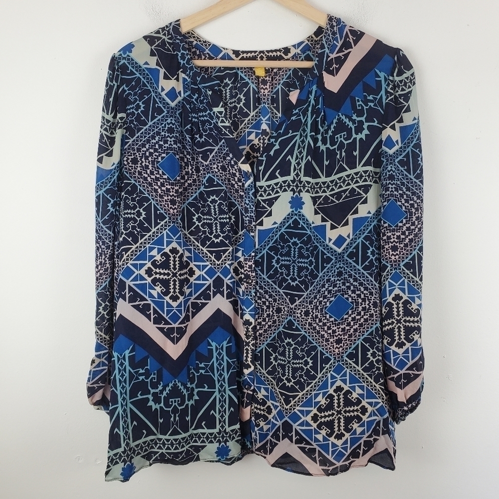 Leifsdottir Button Up Blouse 12 Blue Geometric 100%‎ Silk Anthropologie Business